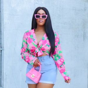 Pink Floral Tie Front Cropped Blouse